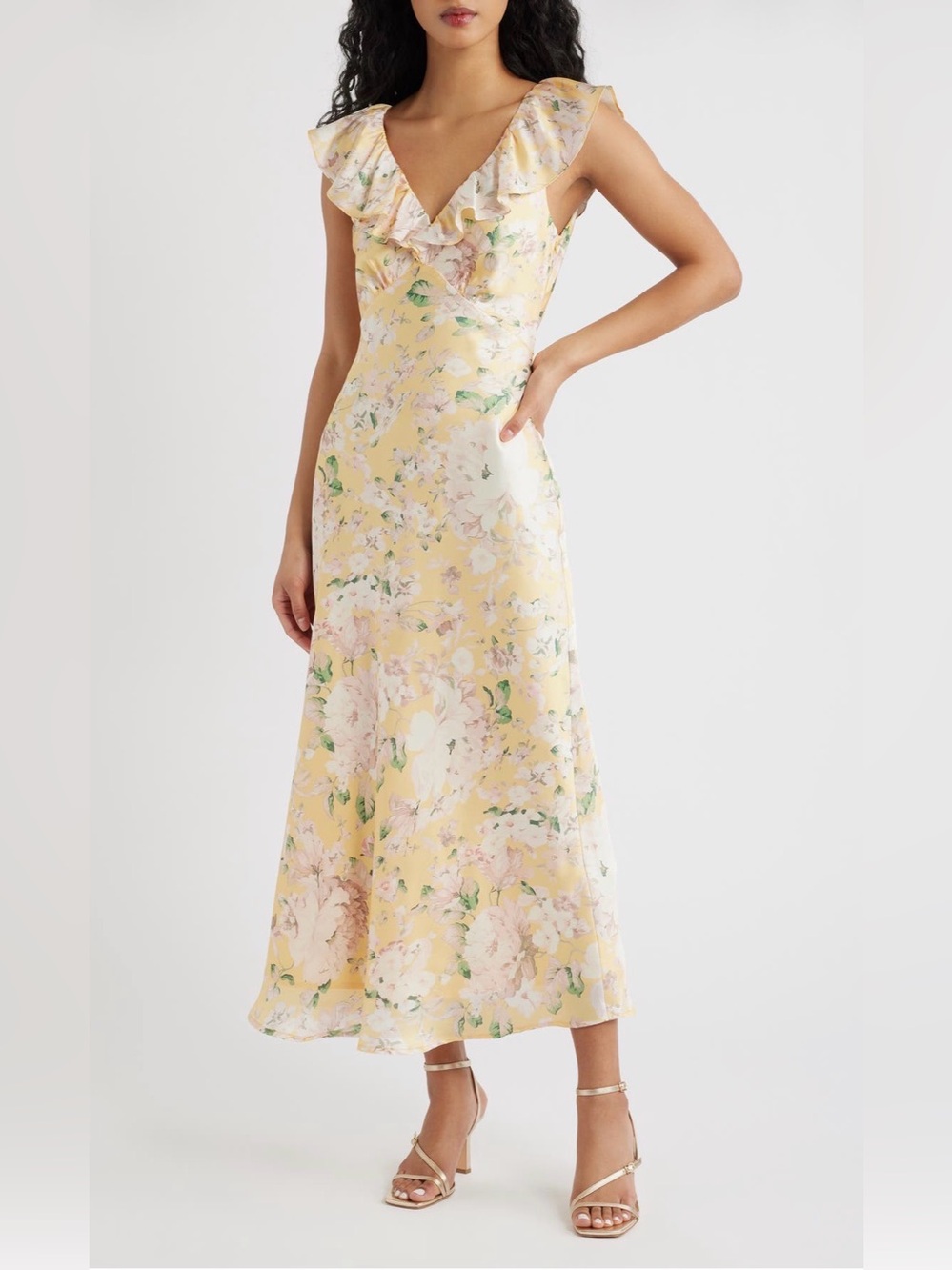 Lulu’s $138 Carter Yellow Floral Ruffle Satin V-Neck Midi Dress